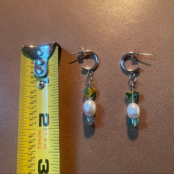 💚Italian millefiori glass bead freshwater pearl hoop earring green silver white - Picture 7 of 7